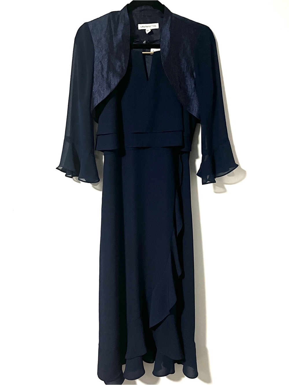Lauras Navy Chiffon Overlay Maxi Dress with crop cover up
